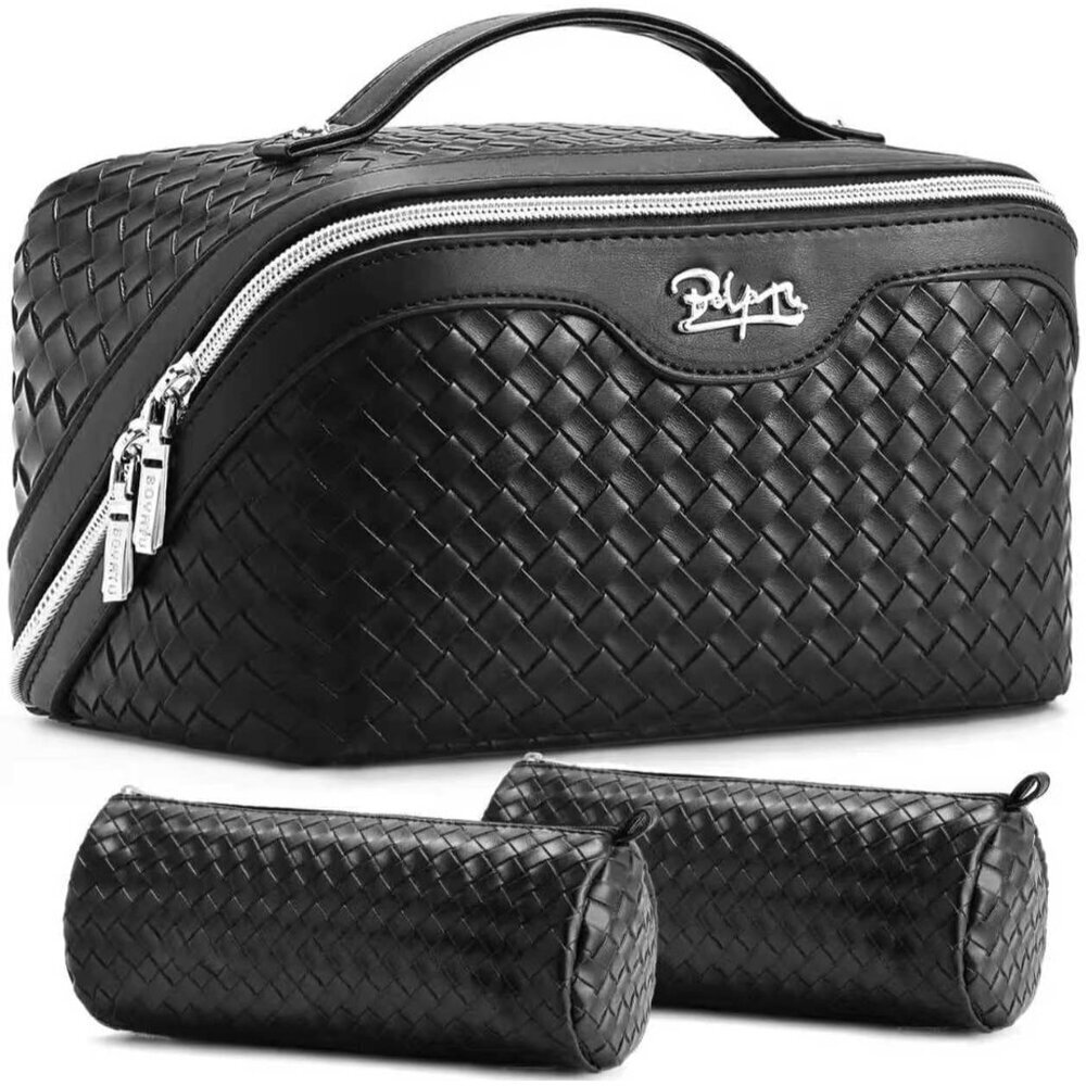 for Women: 3 Pcs Large Make up Bags Set - Vegan Leather Cosmetic Bag for Traveli